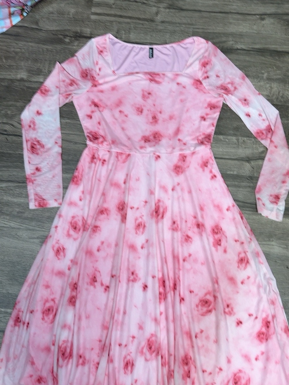 Blush Pink Floral Long-Sleeve Midi Dress with Square Neck Size L - Picture 3 of 10